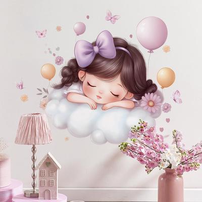 Cute Anime Girl with Clouds Balloons and Daisies Wall Stickers, Self-Adhesive Decor for Kids Room Decoration