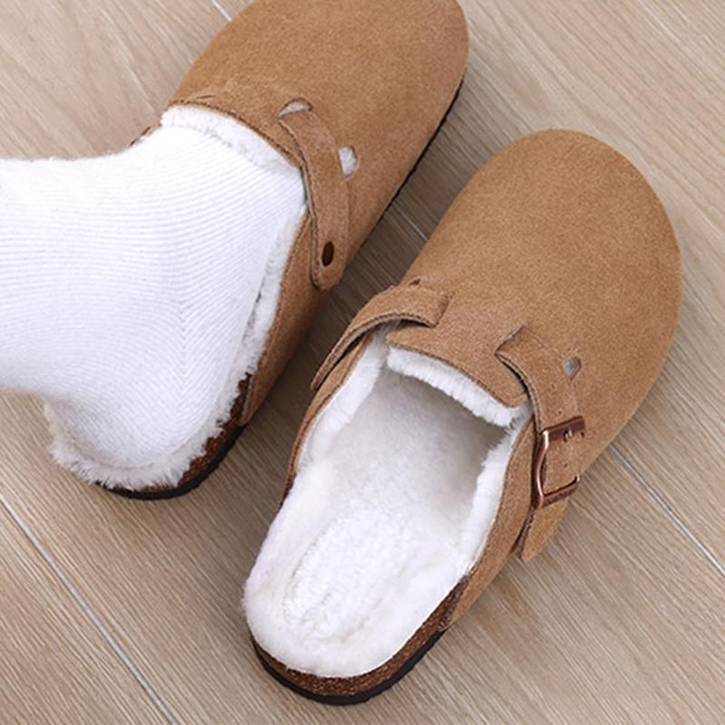 Fashion Kidmi Women's Slippers with Adjustable Metal Buckle Fashion Fur Lined Suede Clogs Cork Footbed Mules Slip On Winter Potato Shoes