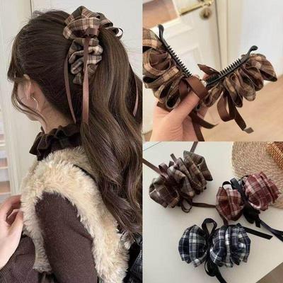 Fashion Fabric Plaid Print Bow Banana Hair Clips Hairpin for Women Back Head Ponytail Hairpins Barrettes Headdress Hair Accessories