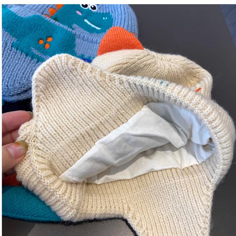 Ohrenschützer-Mütze mit Cartoon-Dinosaurier für Kinder, warm, gestrickt, für den Winter, für Jungen und Mädchen, süße 3D-Gehörschutzkappen in Volltonfarbe