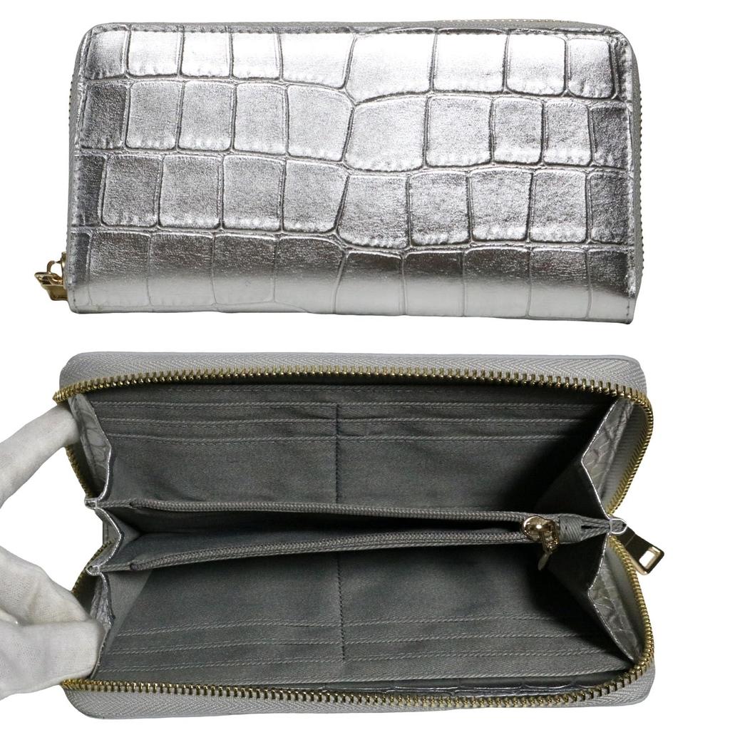 Bercute Silver Embossed Crocodile Leather Long Wallet for Men and Genuine Crocodile Alligator Round Large Popular Women, Leather, Leather, Leather,