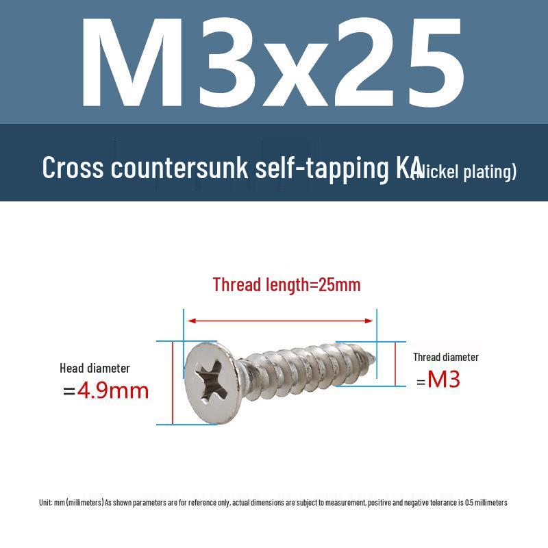 YiguYigu Nickel-Plated Phillips Flat Head Self-Tapping Screws M1-M5, Carbon Steel