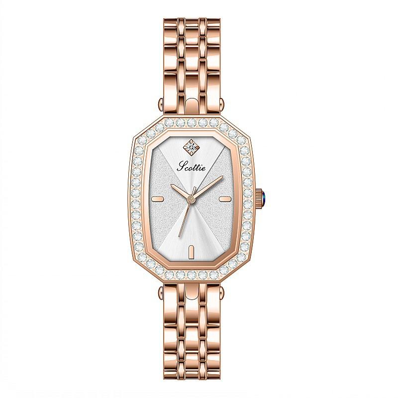 Stylish And Simple Temperament Women'S Watch With Diamonds Square Personalized Watch Women'S Silver Case Black Strap