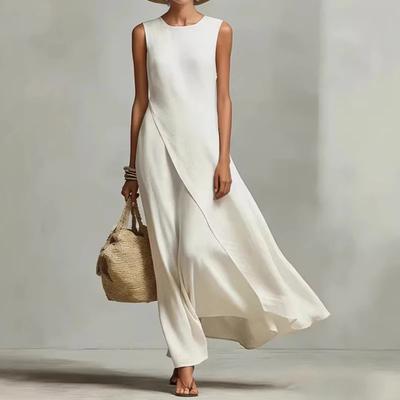 Robes Maxi d'Été pour Femmes Décontractées Col Rond Sans Manches Amples Ourlet Asymétrique Longue Robe Femmes Élégante Robe d'Été de Plage