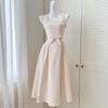New Arrival Elegant Solid-Color Satin Midi Spaghetti-Strap Dress for Women Summer Fashion Sweet Bowknot Slim Party Prom Dress
