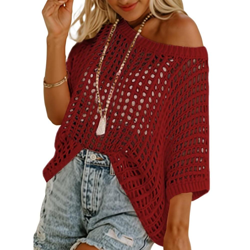 Top estivo sexy a maniche a cinque quarti con cut-out e traforato, pullover smock da spiaggia, maglione lavorato a maglia per donna
