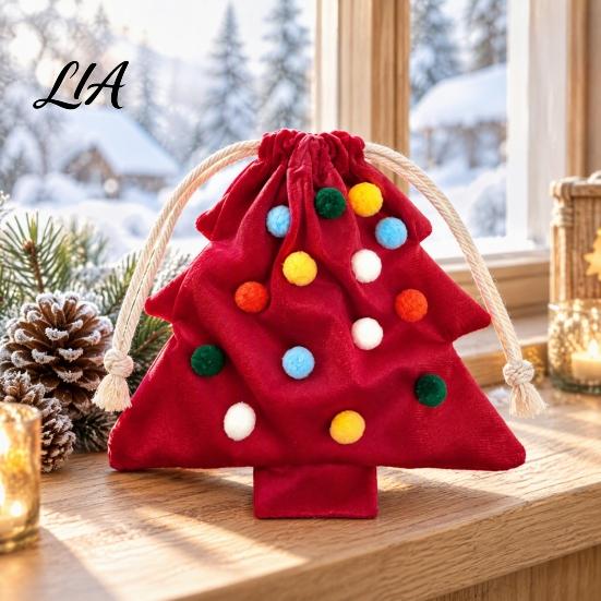 Reusable Xmas Tree Decorations Christmas Drawstring Gift Bag, Plush Pom Bell Hanging Velvet Bags for Candy Ornament, Pouch Decor Holiday Door