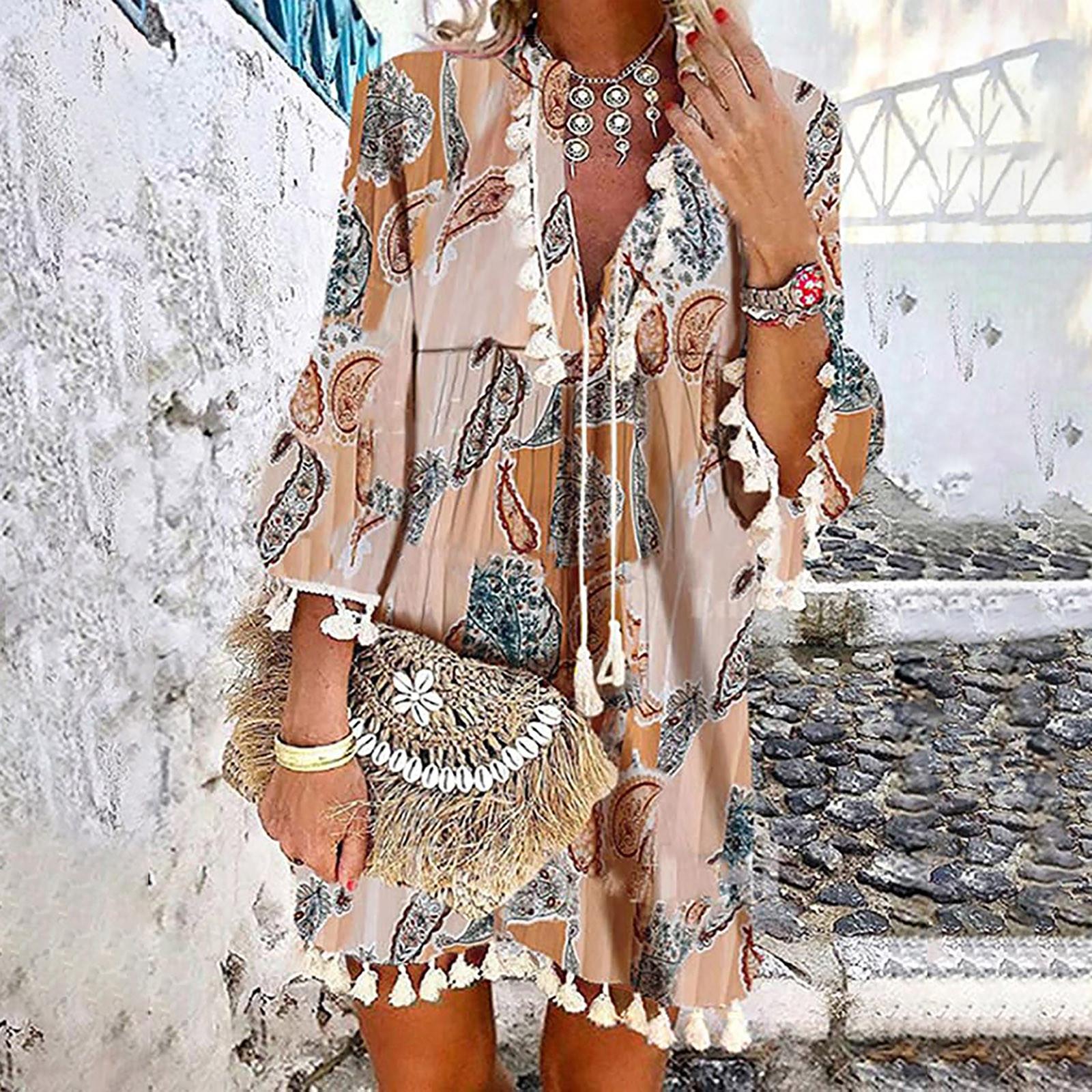 

Женское модное платье в стиле бохо с рукавом три четверти, кружевное мини-платье с v-образным вырезом и кисточками L розовый