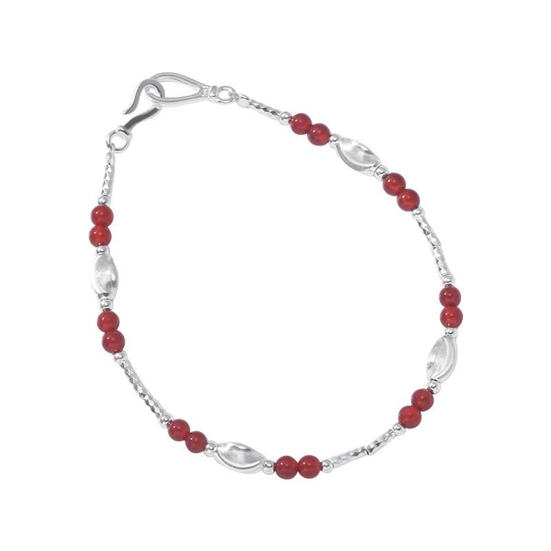 Sterling Red Agate Cat Eye Bead Bracelet Women Minimalist Fashion Stackable Wristband