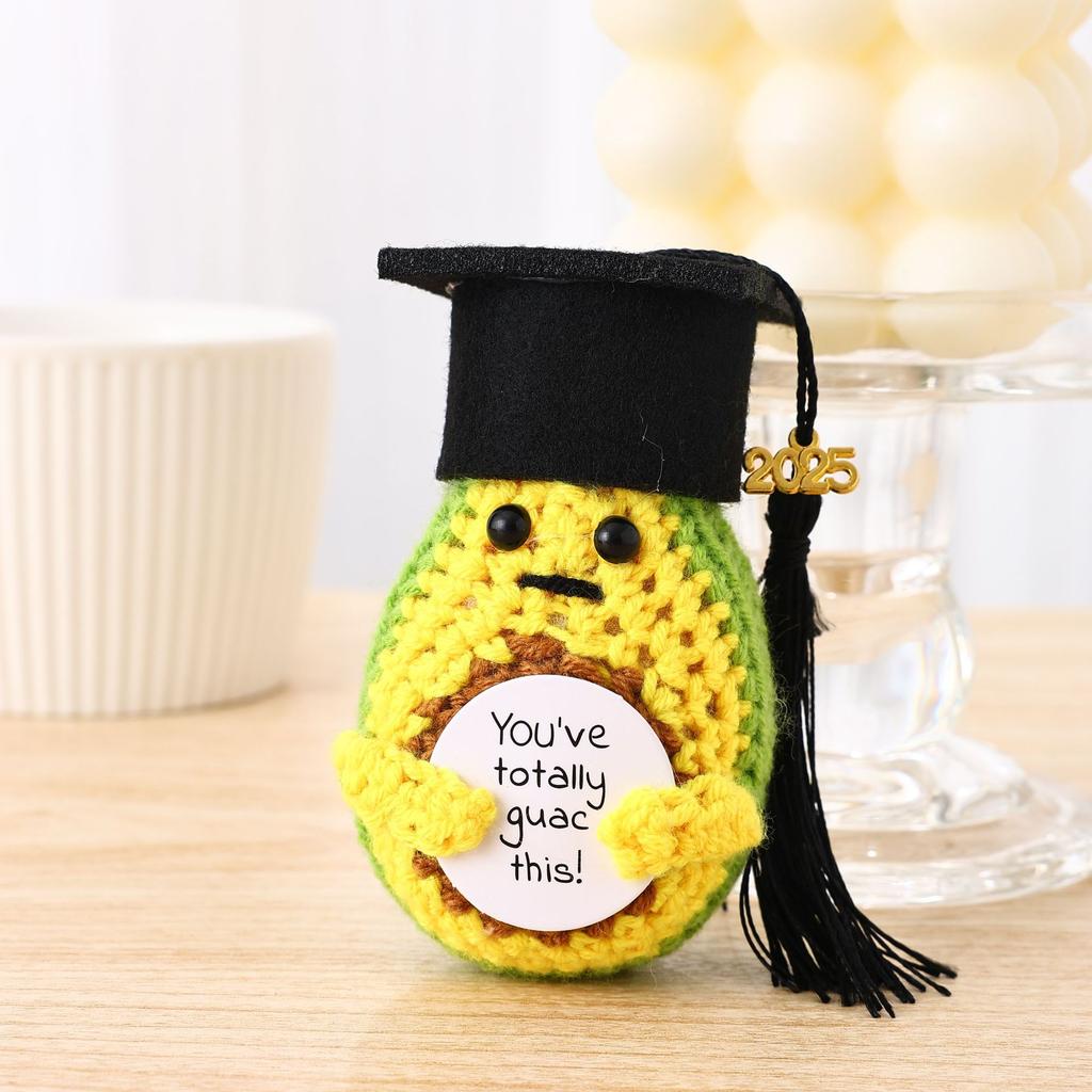 Funny Positive Emotional Support Pickle Doll Handmade Woolly Knitted Graduation Hat Unique Cucumber Potato Doll Christmas Gifts