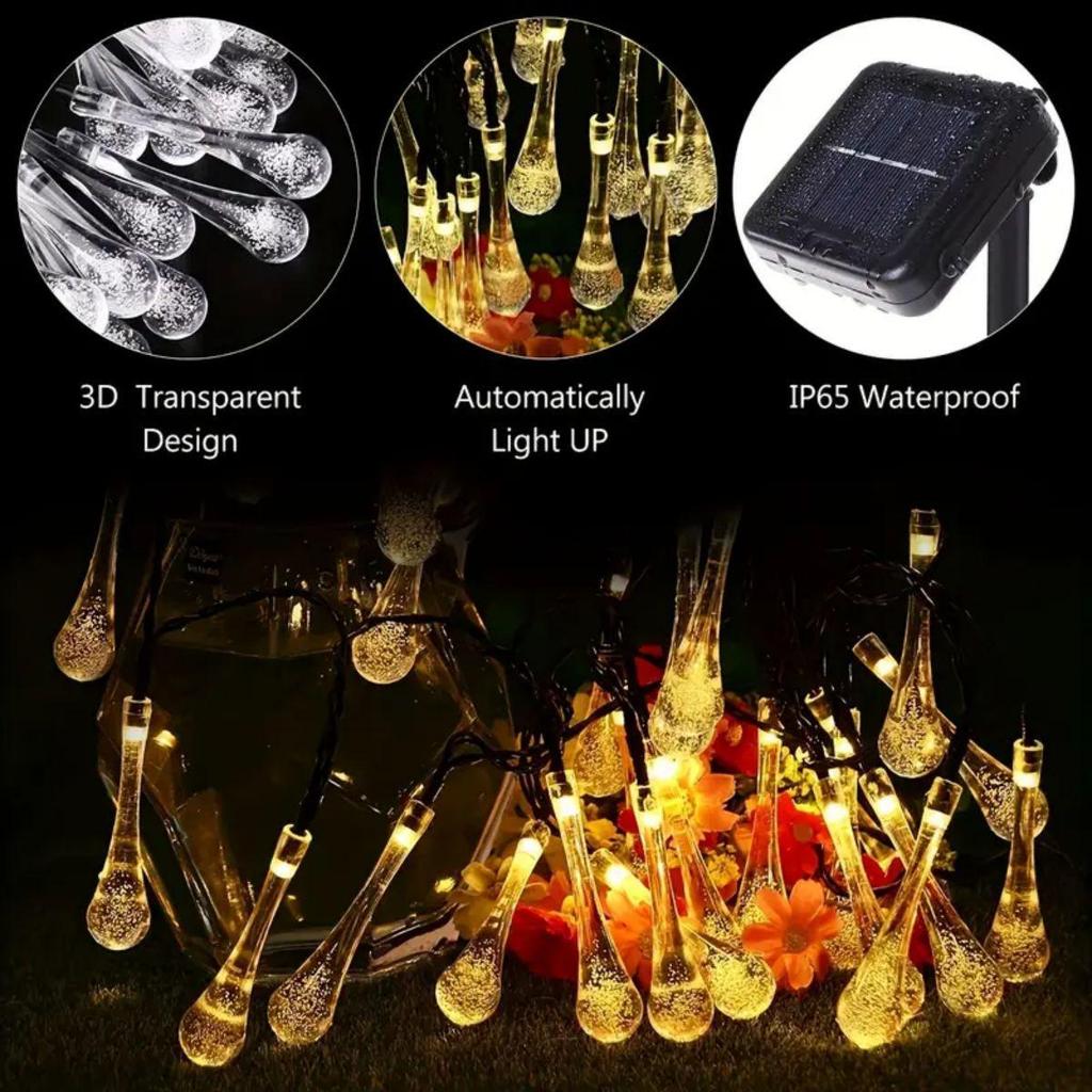 Solar LED Water Drop String Lights: Colorful, Moisture-Proof Decorative Lighting for Festivals, Hotels, and Courtyards with Ground Plug Feature.