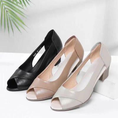 Thick Heel Soft Leather Sandals Women Summer Solid Color Middle Heel Hollow Soft Sole Anti-slip Comfortable Breathable Open Toe Fishmouth Shoes