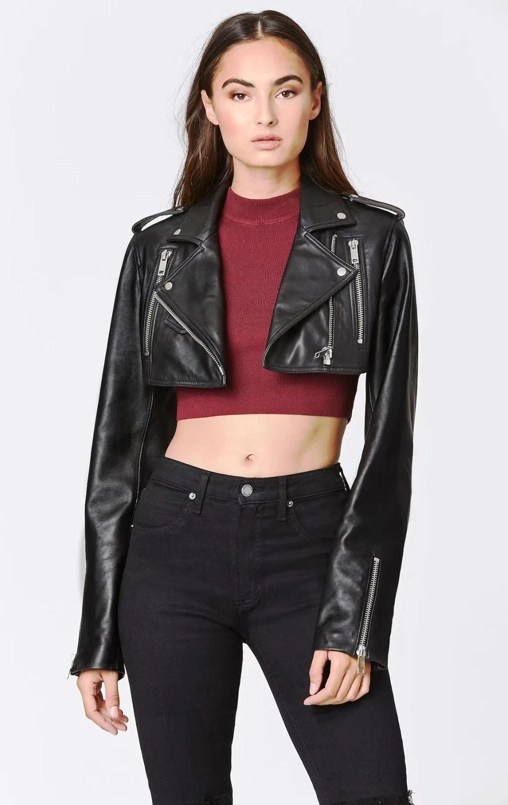 

Handmade Stylish Leather Wear Casual Cropped Jacket Genuine Women Lambskin Black 2XL чорний