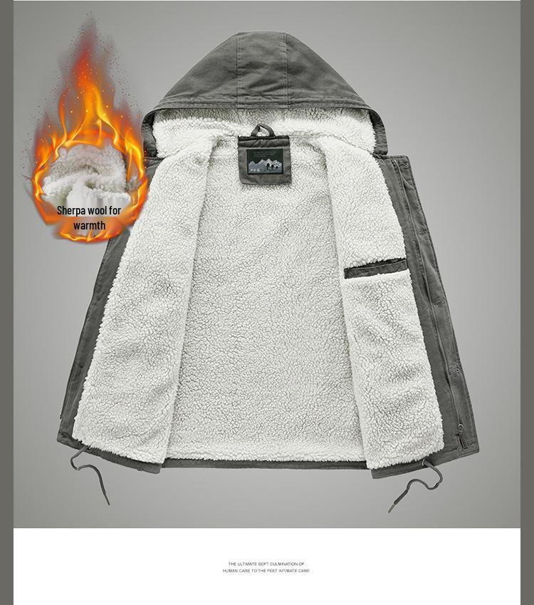 Lambswool Hooded Fleece-Lined Coat, Warm Outdoor Casual Plus Size Cotton Jacket