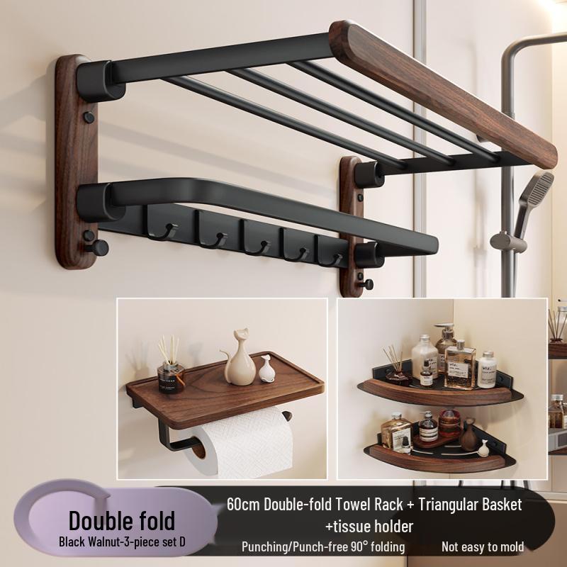 Walnut Wood Foldable Towel Rack & Shelf Set