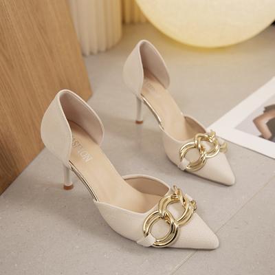 Fashion Women's Stiletto Heels Spring New Pointed Toe Large Metal Chain Shallow Hollow Breathable Single Shoes