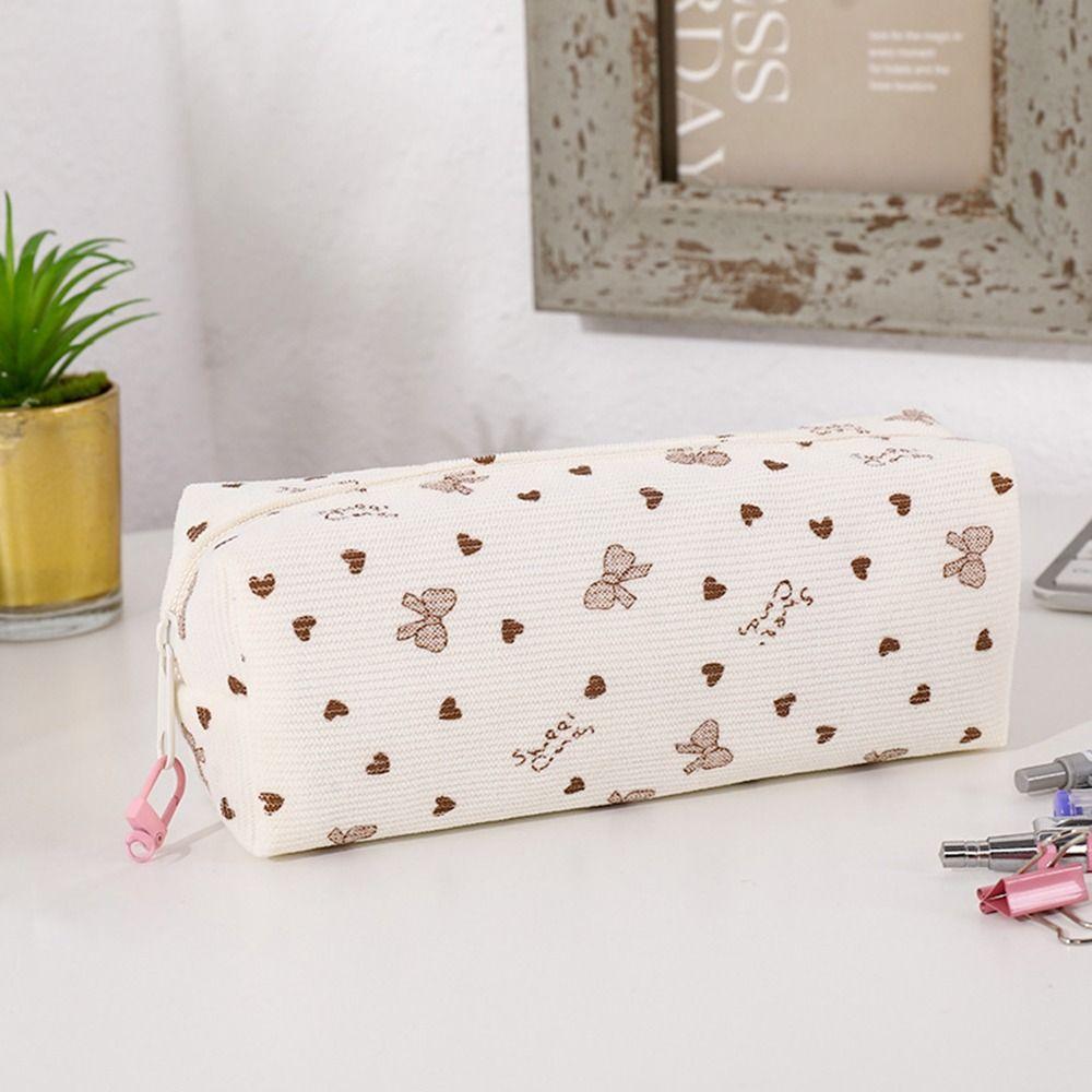 Bow & Heart Print Pencil Case Large Capacity Stationery Bag Simple Pen Bag  Students