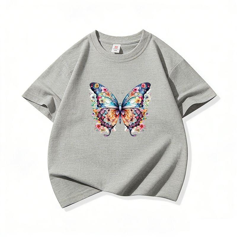Kids Cotton T Shirt Colorful Floral Pattern Butterfly Print Crew Neck Short Sleeve Tee Casual Boys Girls Summer Tops