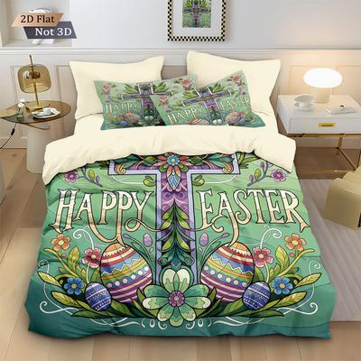 3pcs Easter Happy Cross Green Printed Core Free Down Duvet Cover Set Comfortable Bedroom Bedding Decoration Machine Washable