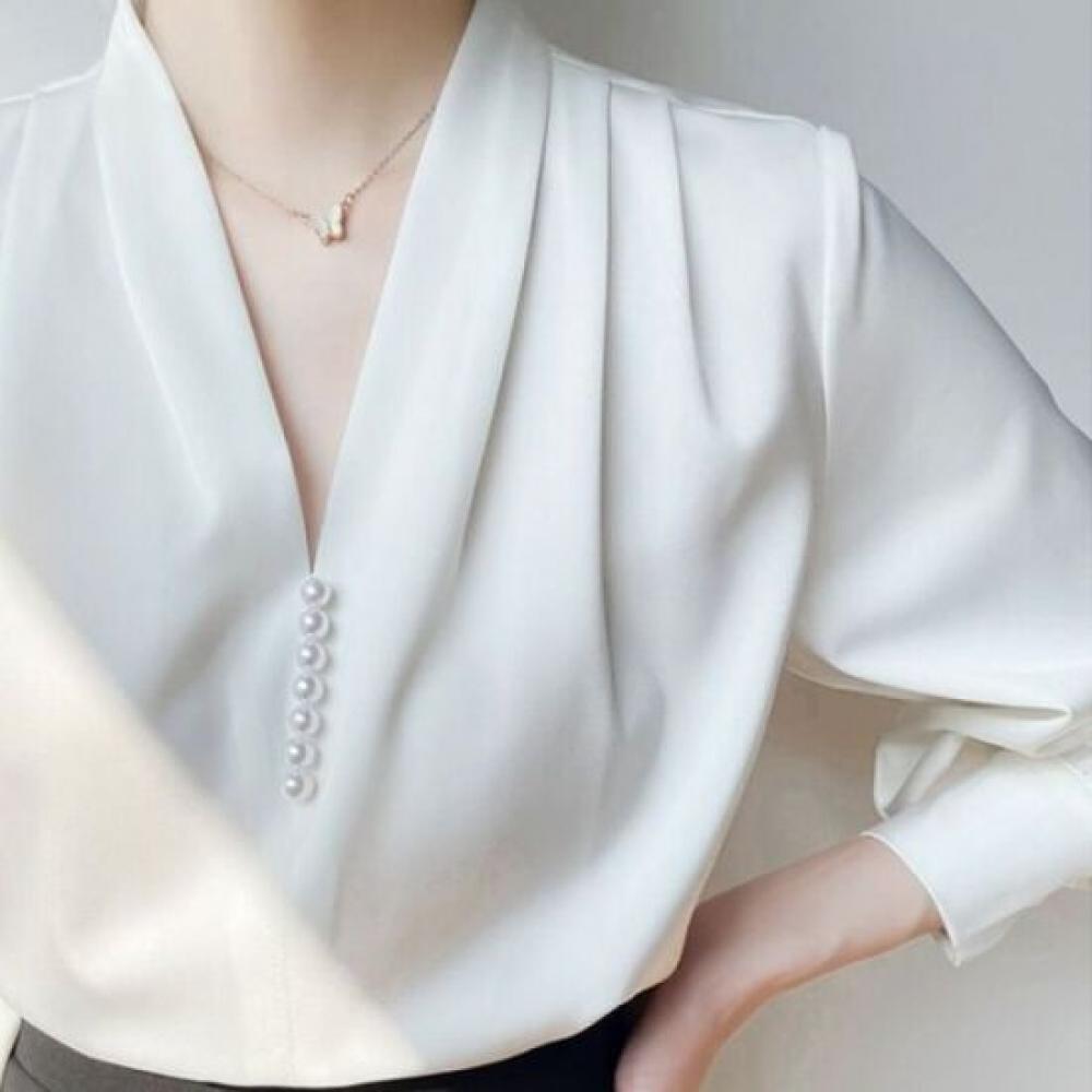 NaVaVa Office Pearl V Neck Long sleeVe Blouse Nb3005