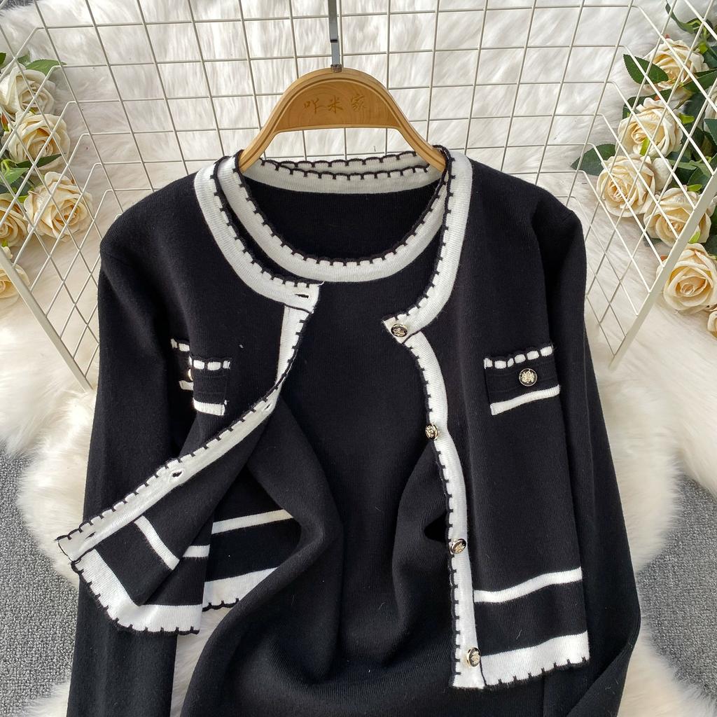 Autumn Winter Women Casual Knitted Sweater Two Piece Set Single Breasted Cardigans Top and Mini Short Slim Bodycon Dresses Suit