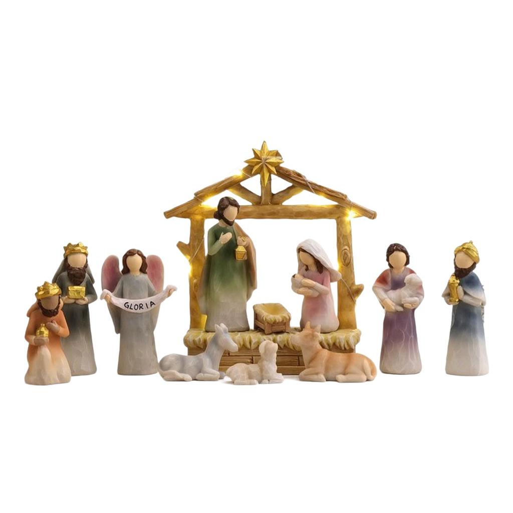 12 Pieces Nativity Ornament with LED Lights Warm White Lighted Tabletop