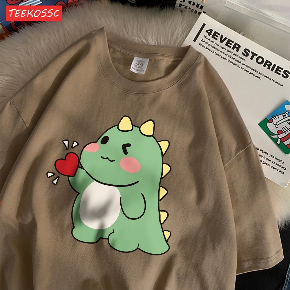 Trend Cotton WomenS TShirts Cute Little Dinosaur Confesses Love Printing Tee Shirts Soft Loose ONeck Summer Female Clothes