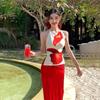 Zhao Lusi's Vacation Style Swimsuit Beach Skirt Set Sexy Backless Hanging Neck Red Split Three Piece