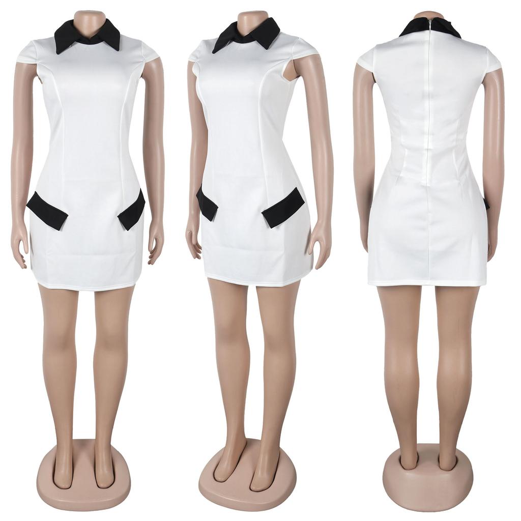 Temperament Short-sleeved Commuter Dress, Lapel Skirt, Color Matching Pocket Decoration, Waist Slimming, Sexy Zipper Skirt