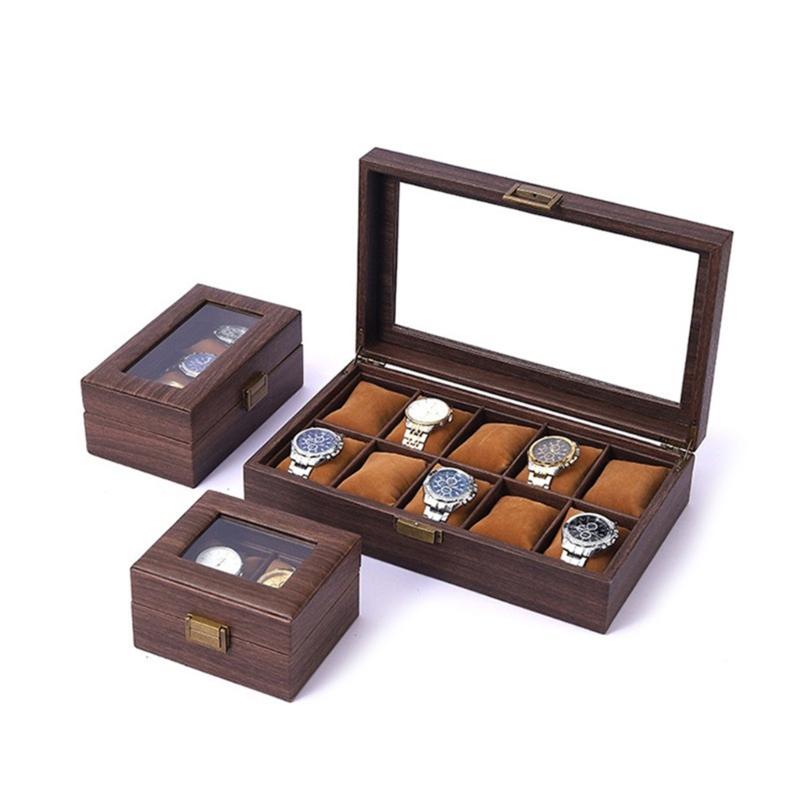 2/3/6/10/12 Grid Watch Box Wood Watch Cases Display Holder Wristwatch Organizer Jewelry Gift Box with Clear Lid & Pillow