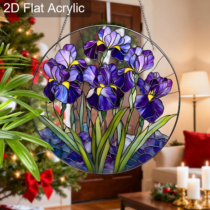 Acrylic Purple Iris Flowers Suncatcher, Stained Glass Effect Window Hanging Ornament for Garden & Flower Lover Gifts