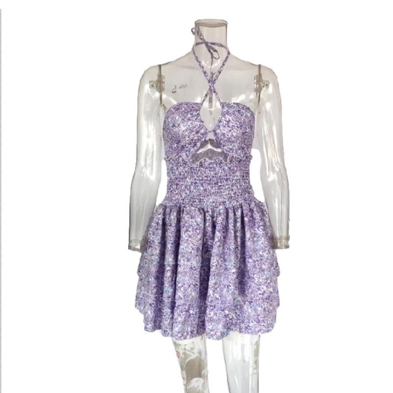 Summer 2025 Women's Strapless Floral Tie-Up Spaghetti Strap Mini Dress
