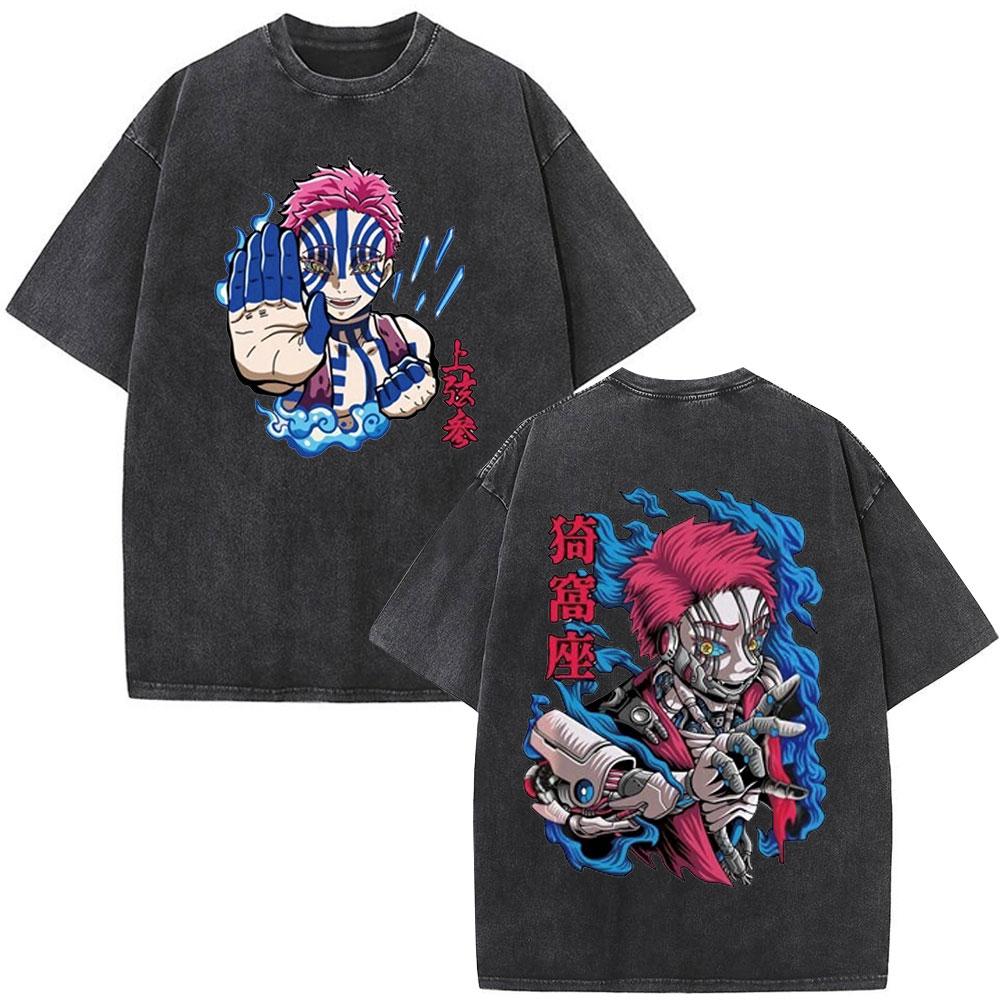 Washed Vintage Anime Demon Slayer Akaza Graphic T-shirts Men Women Clothing Cotton Oversized Short Sleeve T Shirts Streetwear