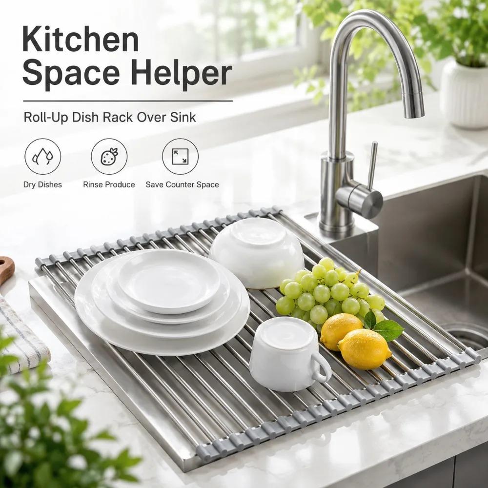 1PC Stainless Steel Sink Drainer Foldable Roll Up Dish Drying Rack Shelf for Plates Bowls Fruit and Kitchen Tableware Storage