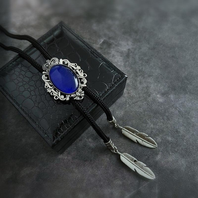 Men Women Handmade Vintage Bolo Tie Western Cowboy Braided Rope Necktie with Antique Stone Feathered Pendant Necklace