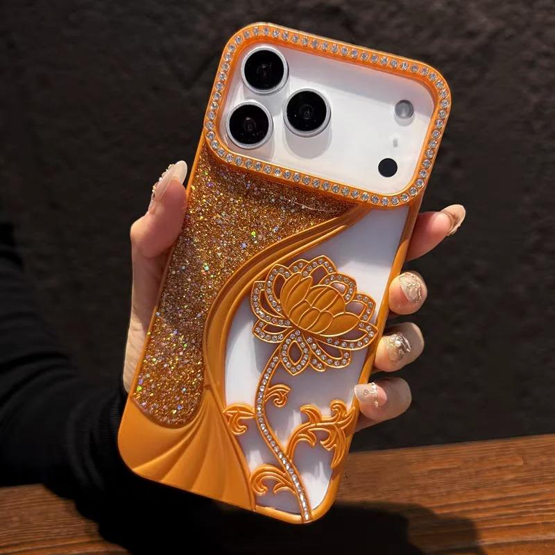 Glitter Flower Cover Funda For iPhone 17 Pro Max 16 Pro Max Luxury Case For iPhone 14 Pro 15 Plus 13 12 Shiny Soft Shockrof Case iPhone 12 оранжевый
