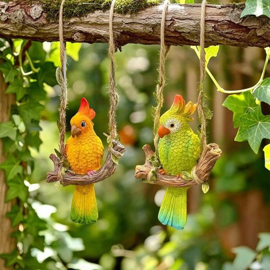Resin Parrot Swing Figurine Outdoor Hanging Animal Sculpture Tropical Bird Swing Statue for Patio