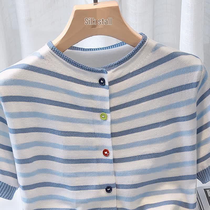 Damen Kurzarm Strick-T-Shirt mit Farbblock-Streifen