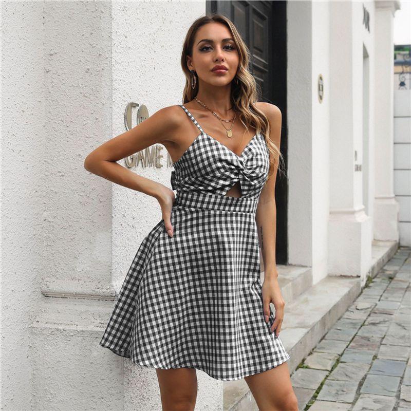 

Plaid Cotton Linen A- line Strap Dress Black S