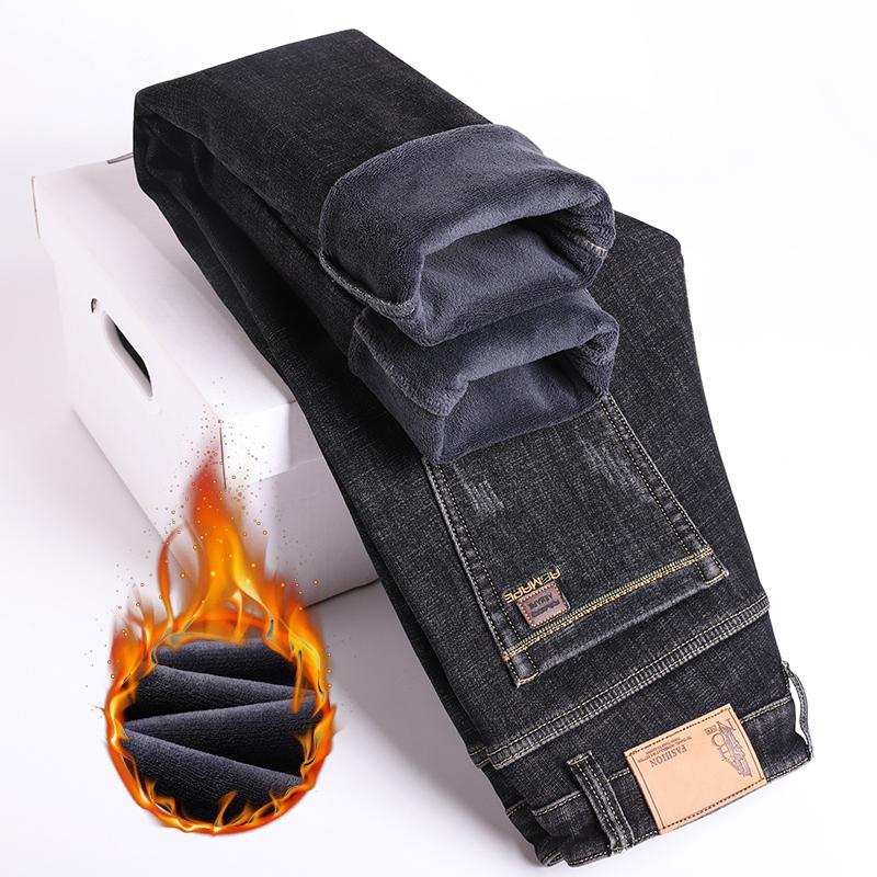 Winter Men Fleece Warm Jeans Classic Style Business Casual Thicken Velvet Slim Denim Pants Brand Trousers Male Size 28-42