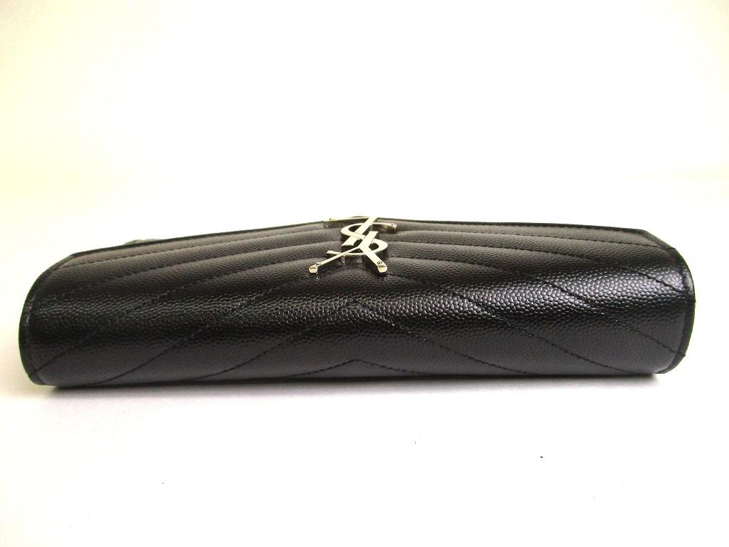 Authentic Saint Laurent YSL Silver YSL Motif Black Leather Long Flap Wallet #a875  Refurbished