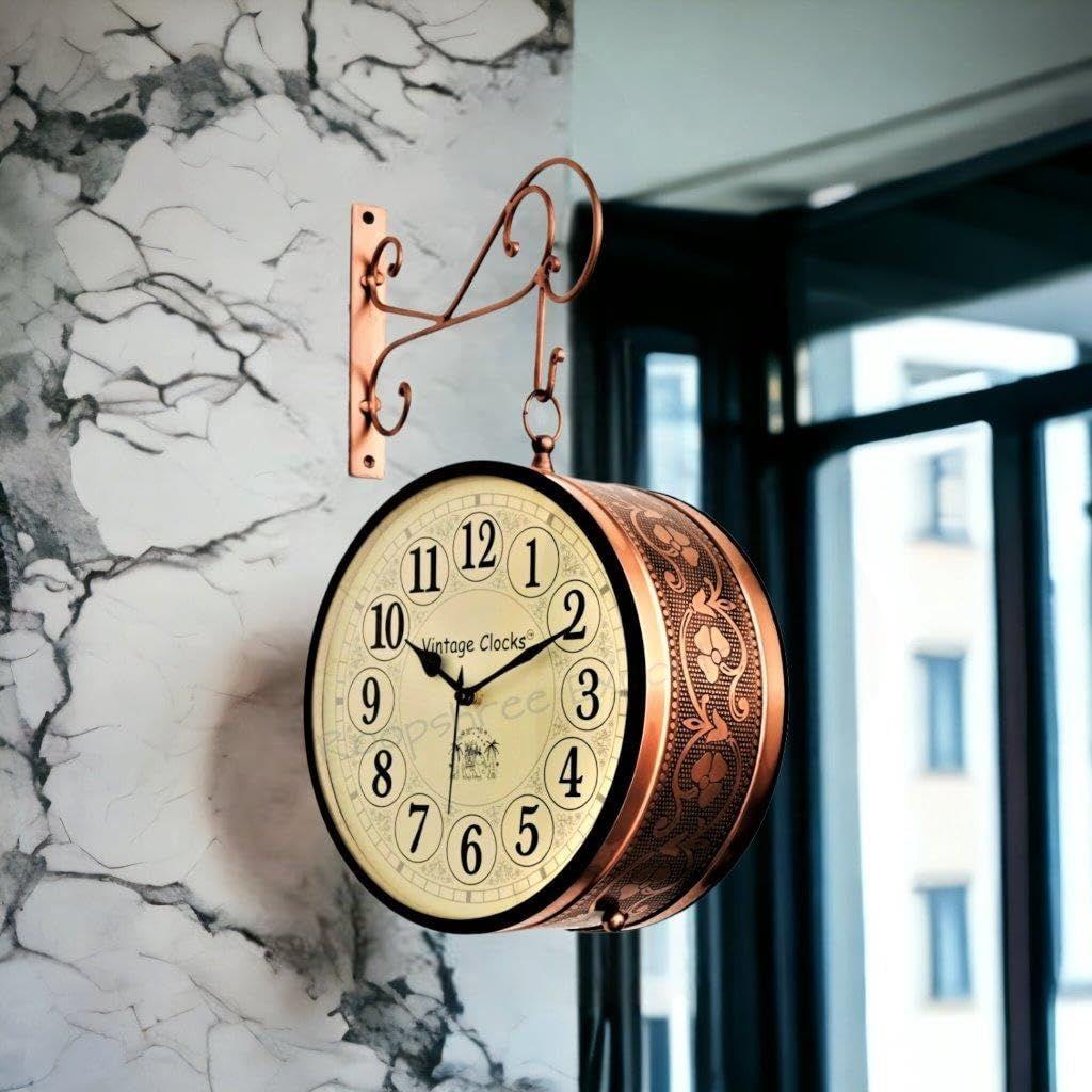 (6 ZOLL - Zweiseitige englische Zahlen) Vintage Uhr Eisen Handgefertigt Doppelseitige Analoguhr , Roségoldenes Finish, Blumendesign