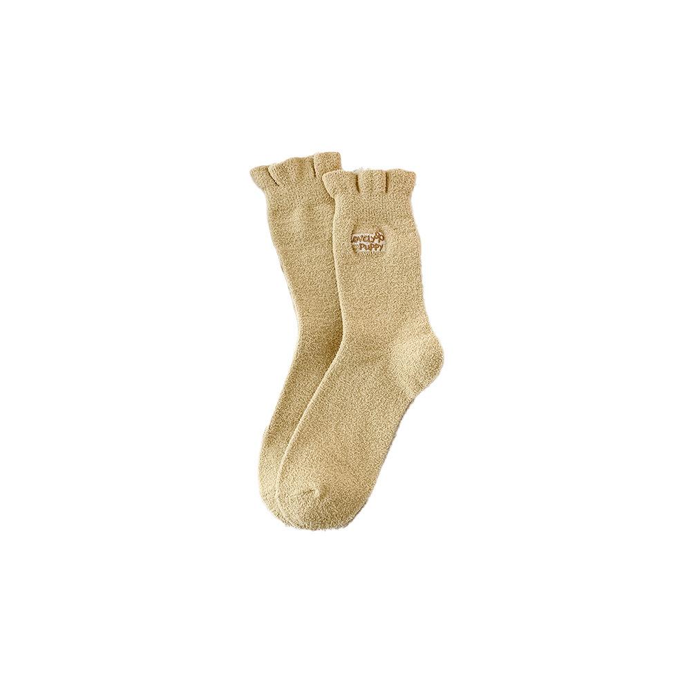 

Женские осенне-зимние носки с плюшевой подкладкой и толстые теплые с вышивкой и кружевом, милые носки-трубы 1 pair абрикосовый/жёлтый