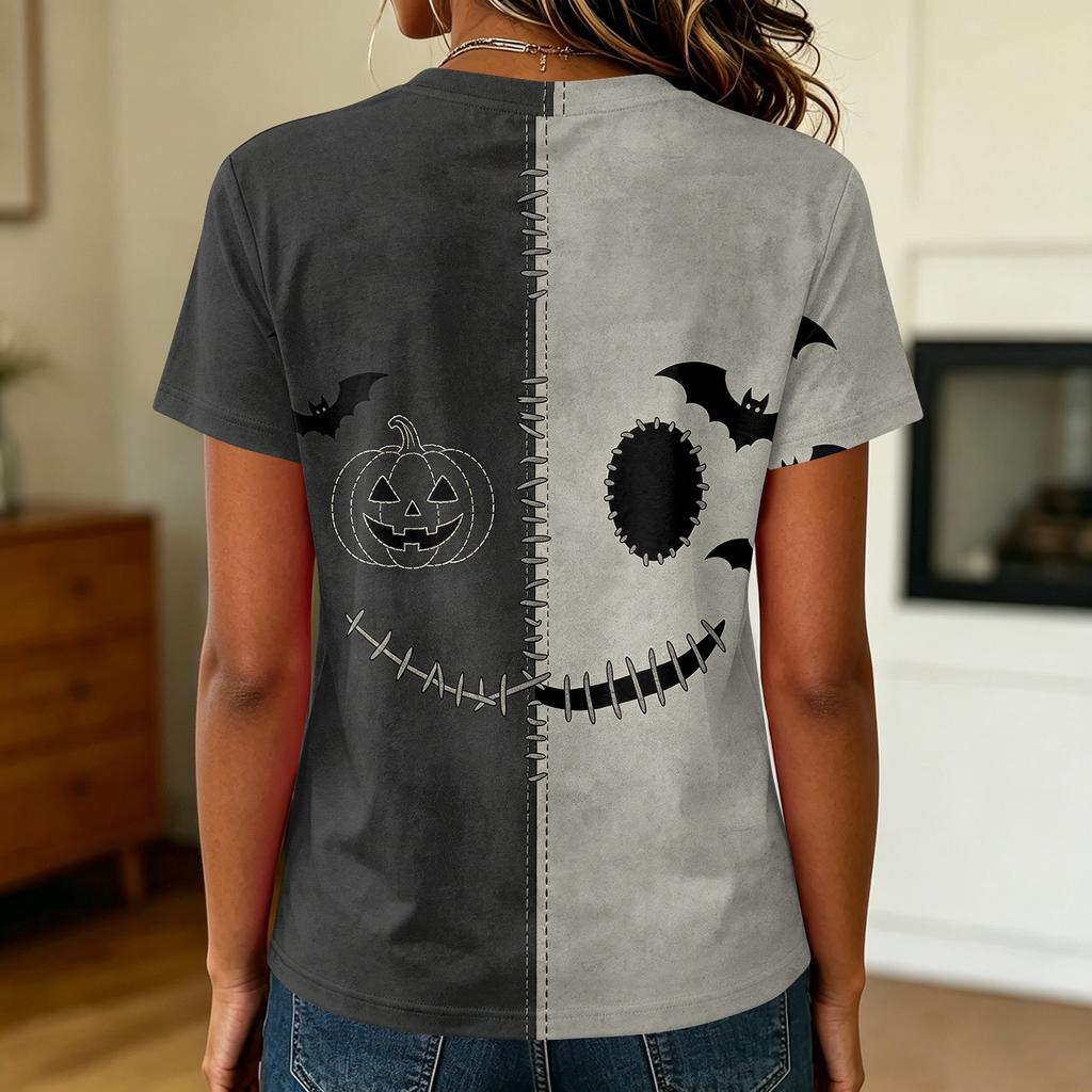 Women Casual Short Sleeve Pullover T Shirt Halloween Print Top Crew Neck Stitch Design Lightweight Soft Fabric Relaxed Fit