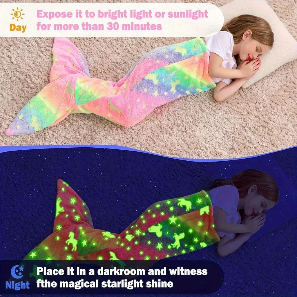 New Night Glow Mermaid Tail Blanket Soft Flannel Wearable Cute Blankets Gifts for Girls All Seasons Beautiful Rainbow Blanket