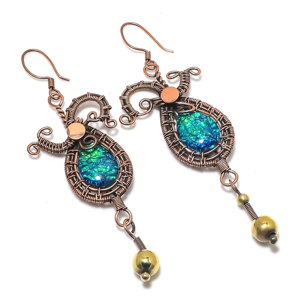 Green Flash Triplet Opal Earrings, 999 Copper Wire Wrapped Earrings, Handmade Gemstone Jewelry Earrings For Memorial Day