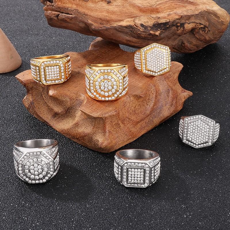 Hip Hop Full Zircon Larger Finger Rings Men's Shiny Stainless Steel Women's Gold Color Anillos Cocktail Ring Party Jewelry Gift