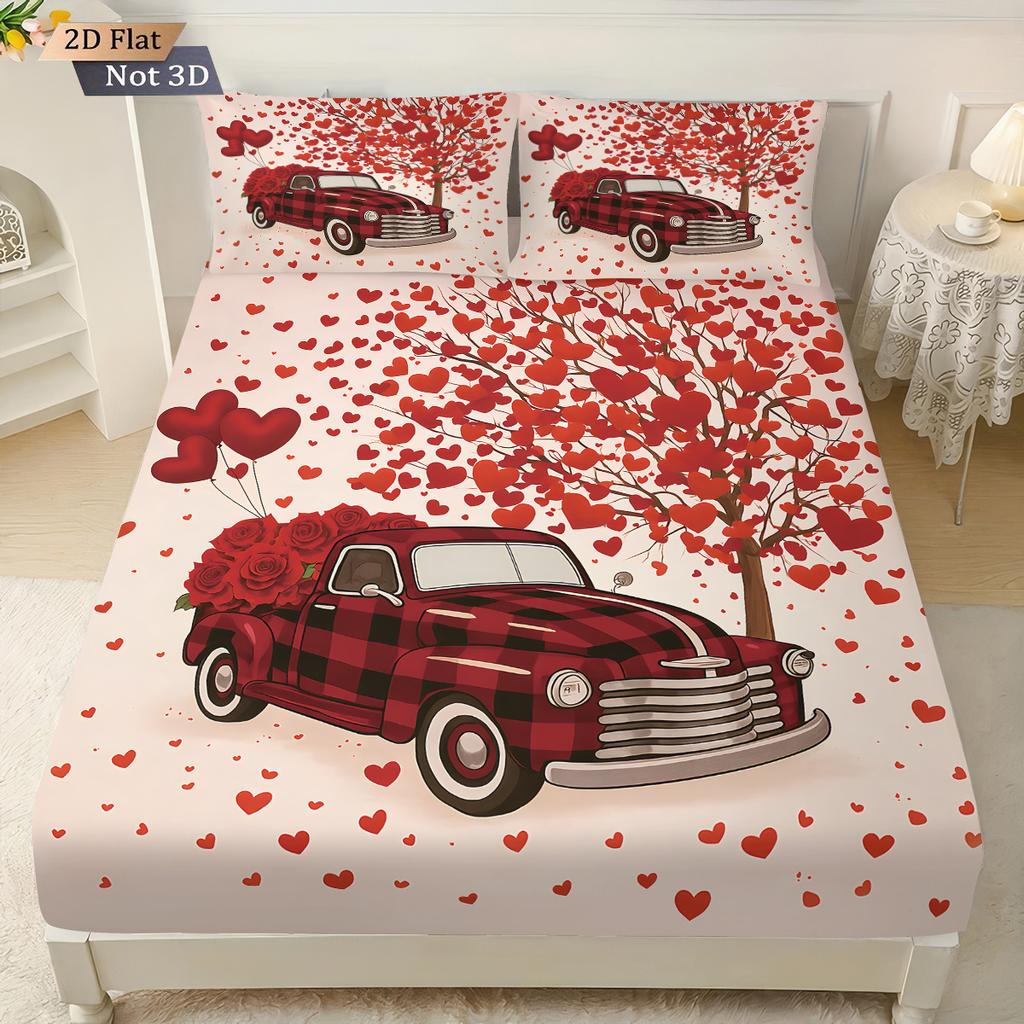 3pcs Happy Valentine's Day Red Love Tree Car Printed Chipless Bed Sheet Set Multi Size Bedroom Cover Decoration
