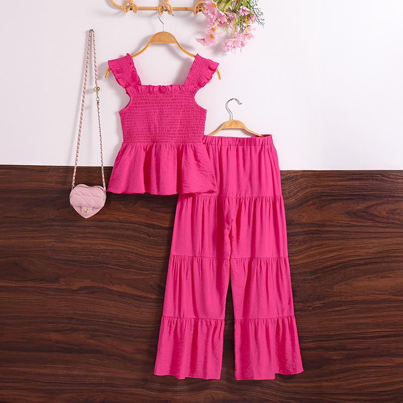 2025 Summer Girls' Spaghetti Strap Top & Wide-Leg Pants Two-Piece Set - European & American Style for Middle & Big Kids