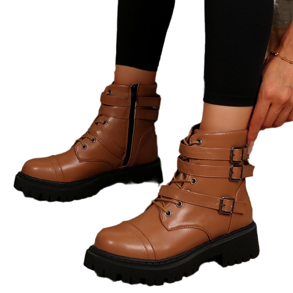 Autumn and winter new thick-soled thick and low-heeled fashion side zipper metal square buckle trendy short boots women's boots